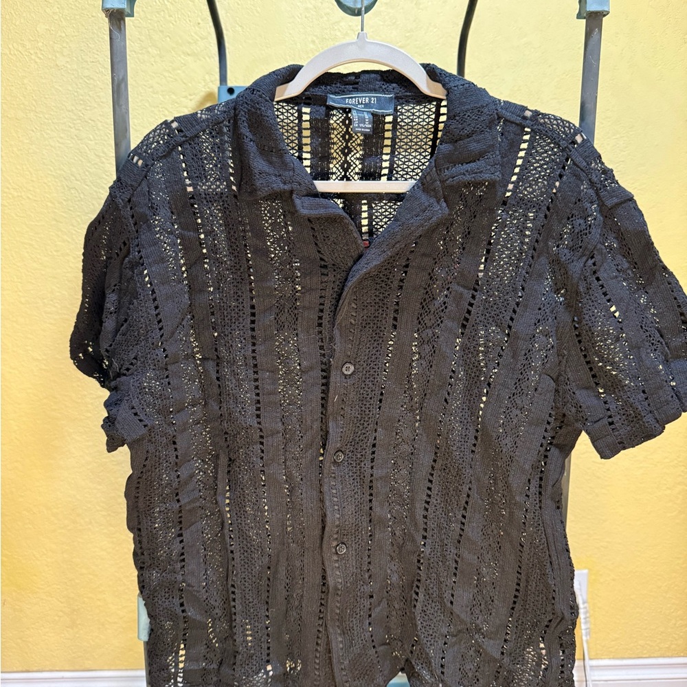 Black Crochet Button-Up Shirt